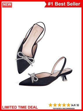 Slingback Kitten Heel Pumps Rhinestone Bow Pointed Toe Satin Dress Heels